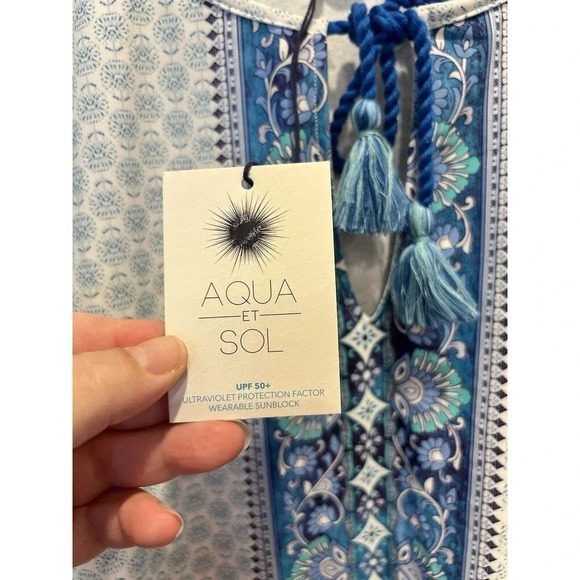 NEW Aqua Et Sol Swim Cover Up Womens L Blue White Geometric Dress UPF 50 - Picture 3 of 8